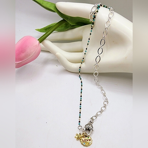 Silver specialty chain, tiny bead chain, 28inch, custom made, gold flowe… - Picture 1 of 3